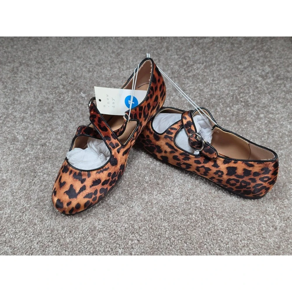 A New Day Tamsin Leopard Print Mary Jane Ballet Flats Brown Black Womens 7 NEW